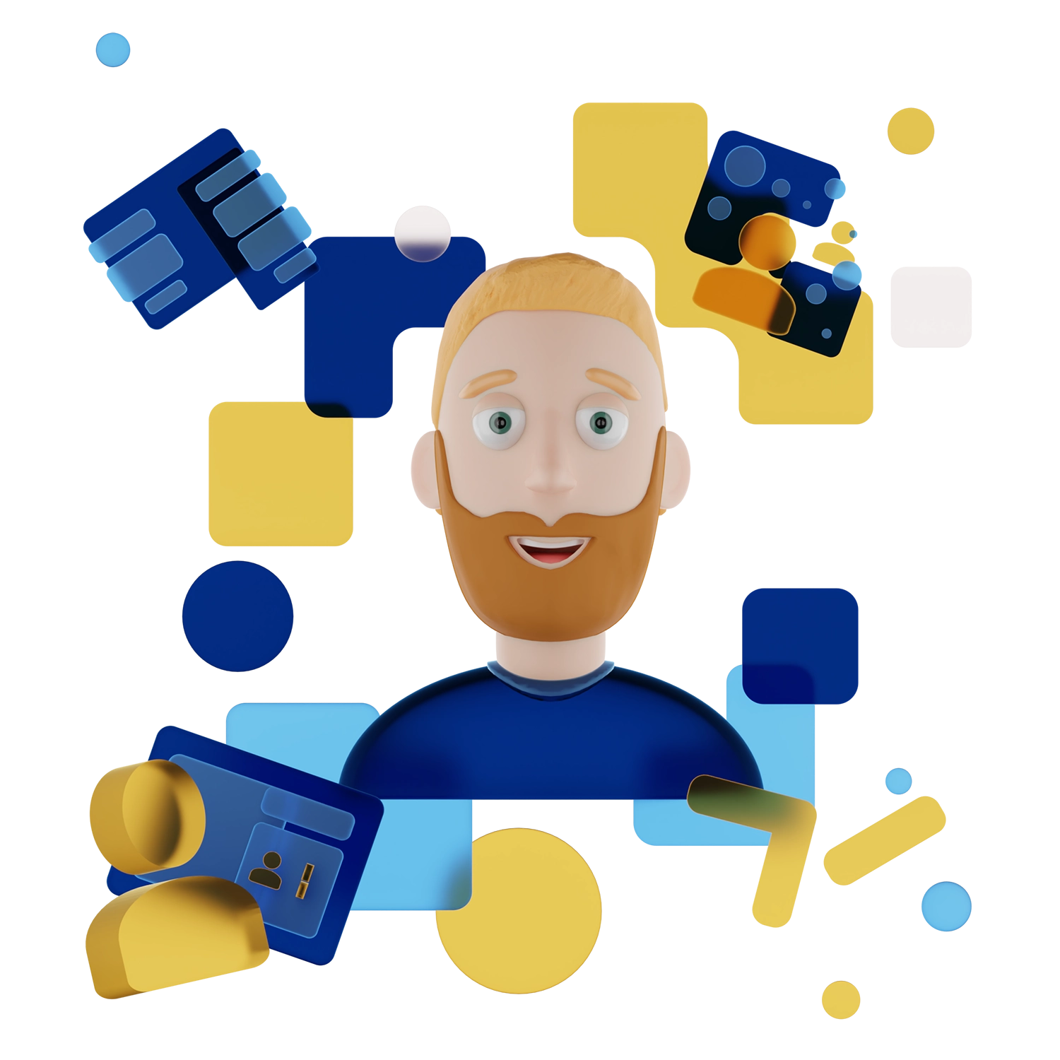 Image of a 3D rendering of Gian's upper body in front of differently shaped pieces of glass in light blue, dark blue and orange colors.
